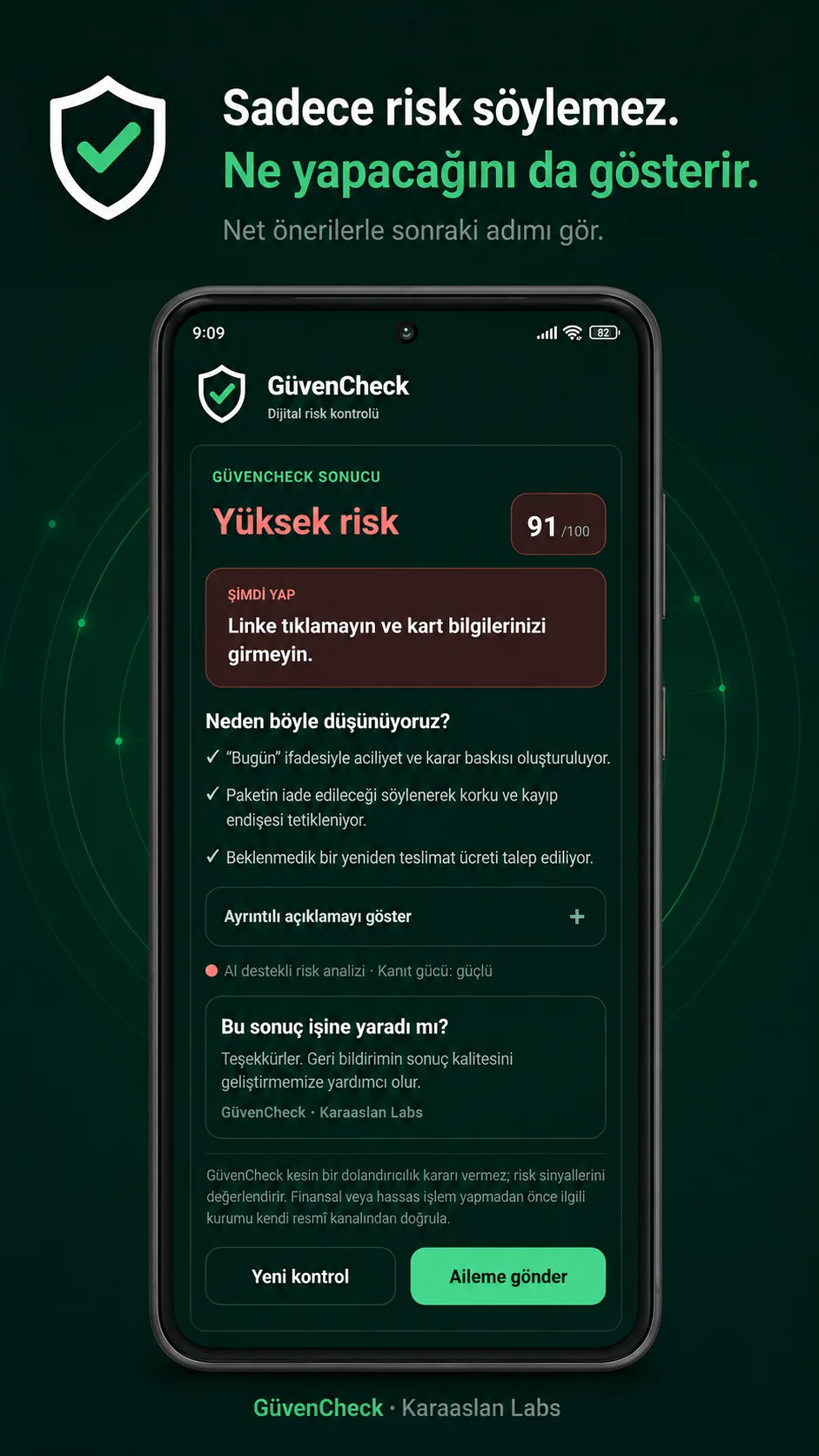 GüvenCheck yüksek risk sonuç ekranı