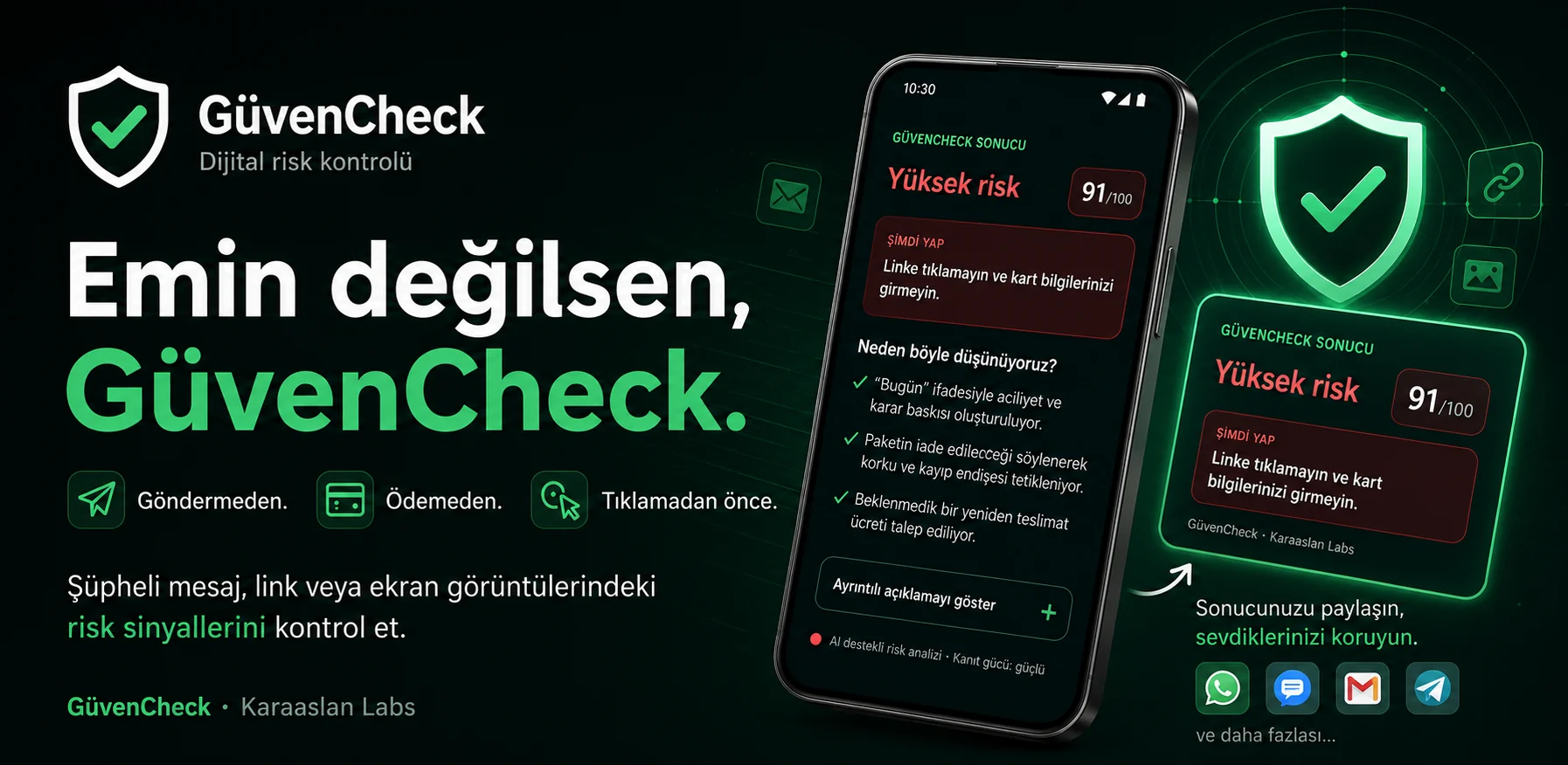 GüvenCheck ürün tanıtımı ve risk sonucu ekranı
